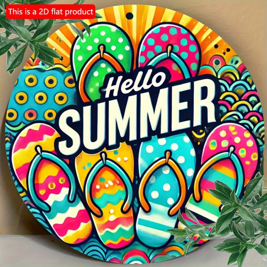 2d Flat 20*20cm "Hello Summer" Flip Wall Art, Vibrant Wooden Sign with Tropical Design, Circular Wooden Decoration, Suitable for Bars, Cafes or Clubs,