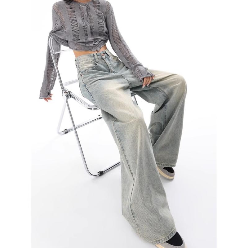 Y2K синие джинсы для женщин с высокой талией, американские уличные широкие брюки в стиле хип-хоп, винтажные прямые осенние брюки