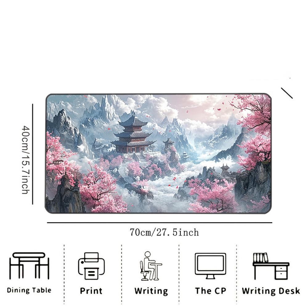 Sakura Mountain Pagoda Printed Desk Pad Extra Large Soft Rubber Mouse Pad Serene Aesthetic Gaming Keyboard Mat Multi-Size