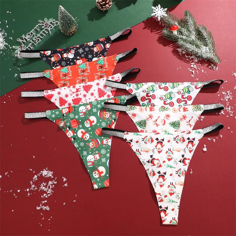 Christmas Underwear FINETOO Ice Silk Panties for Women Seamless G-string Christmas Festival Underwear XS-XL