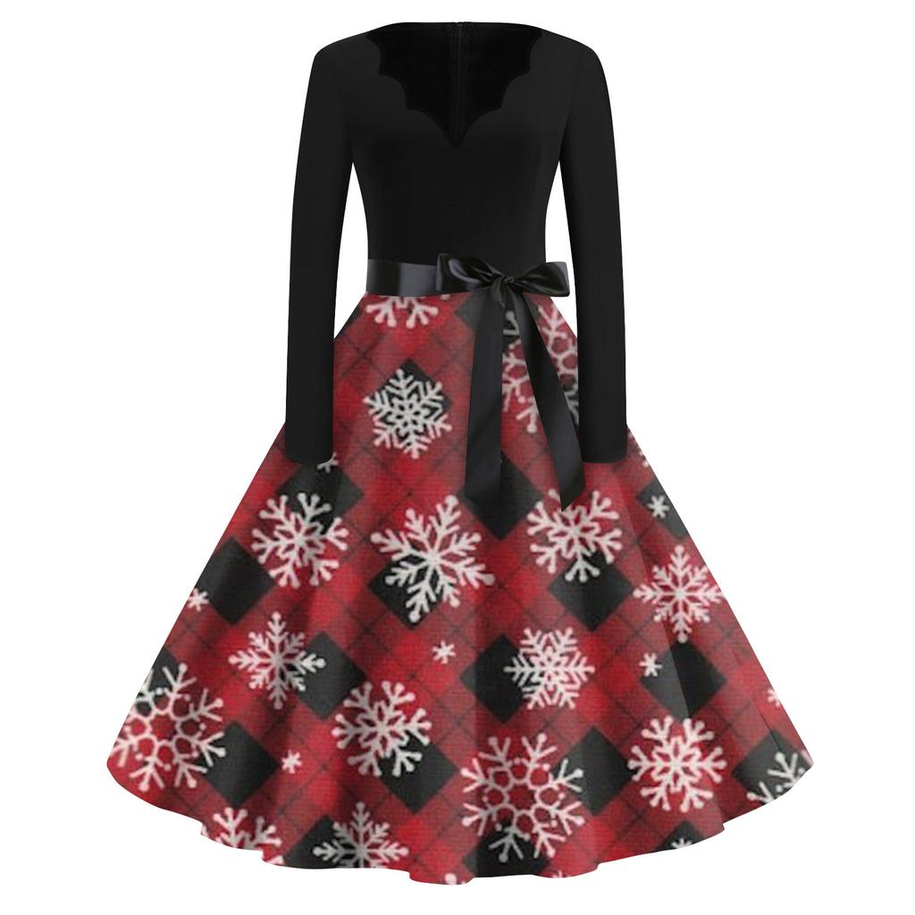 Women's Fashion V-Neck Casual Slim Christmas Printed Long Sleeve Dresses