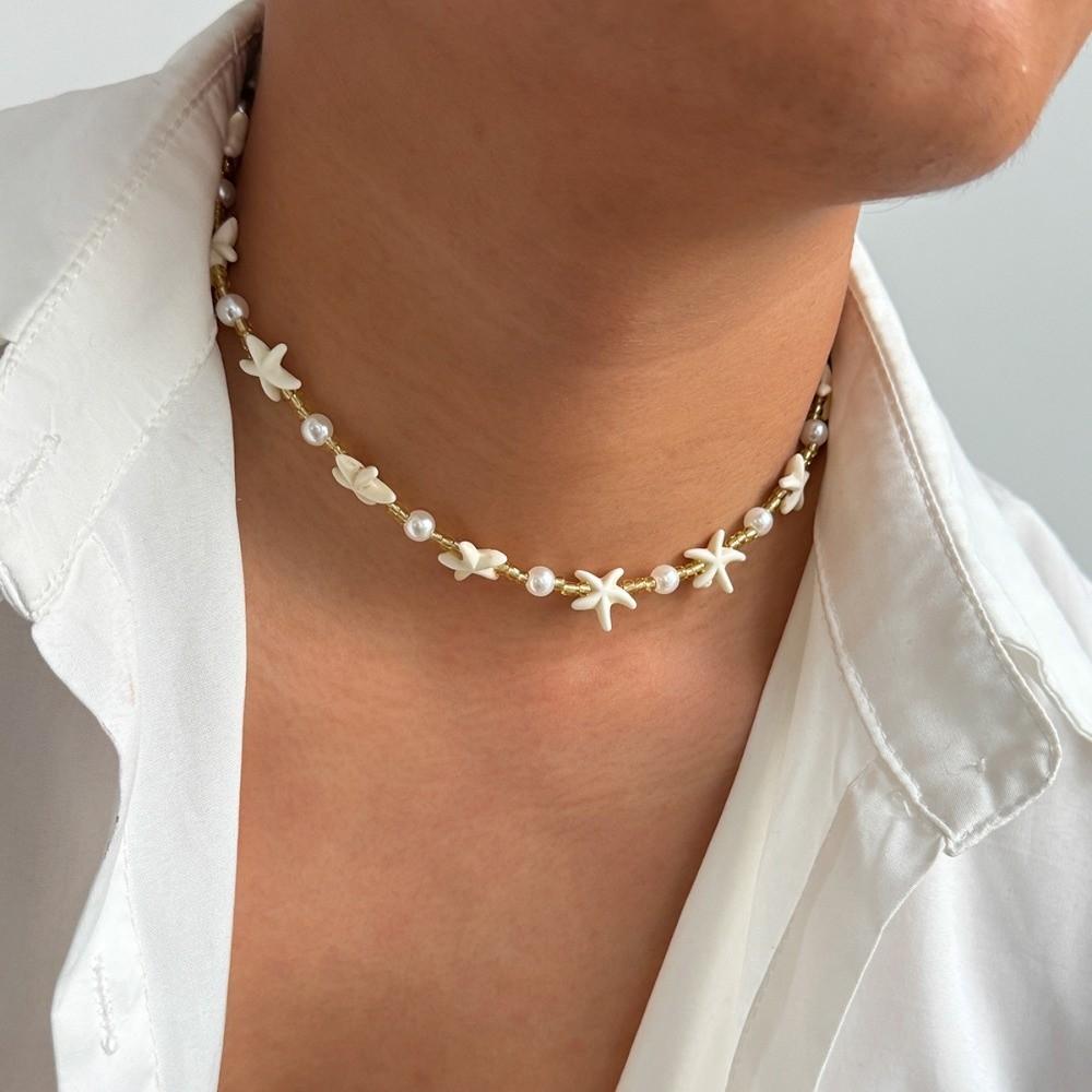 Регулируемый чокер из искусственного жемчуга белый готический чокер цепочка на ключицу винтажное бохо ожерелье с морской звездой украшения
