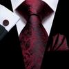 Hi-Tie Fashion Mens Wine-Red Paisley Necktie Hanky Cufflinks for Business Wedding