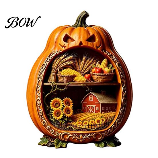 Halloween Cobweb Decorations Centerpiece Pumpkin, Wooden Pumpkin Ornament with Miniature Scenes, Rustic Detailed Scene Decor Skeleton for Farmhouse