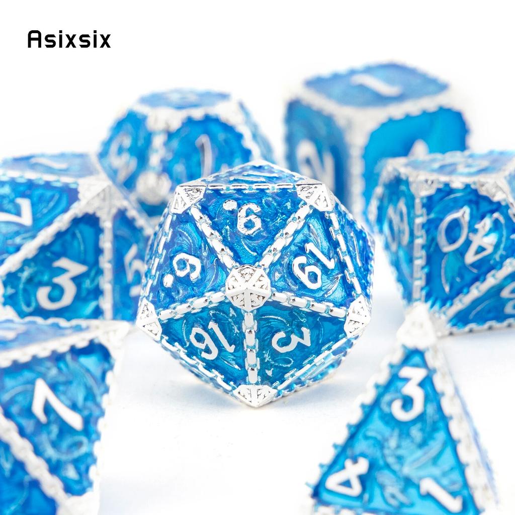 7 Pcs Blue White Dragon Metal Dice Solid Metal Polyhedral Dice Set Suitable for Role-Playing RPG Board Game Card Game