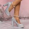 Luxury Silver Red Super High Heel Pumps Women Plus Size Pearl Ankle Buckle Party Shoes Summer Square Toe Chunky Platform Pumps