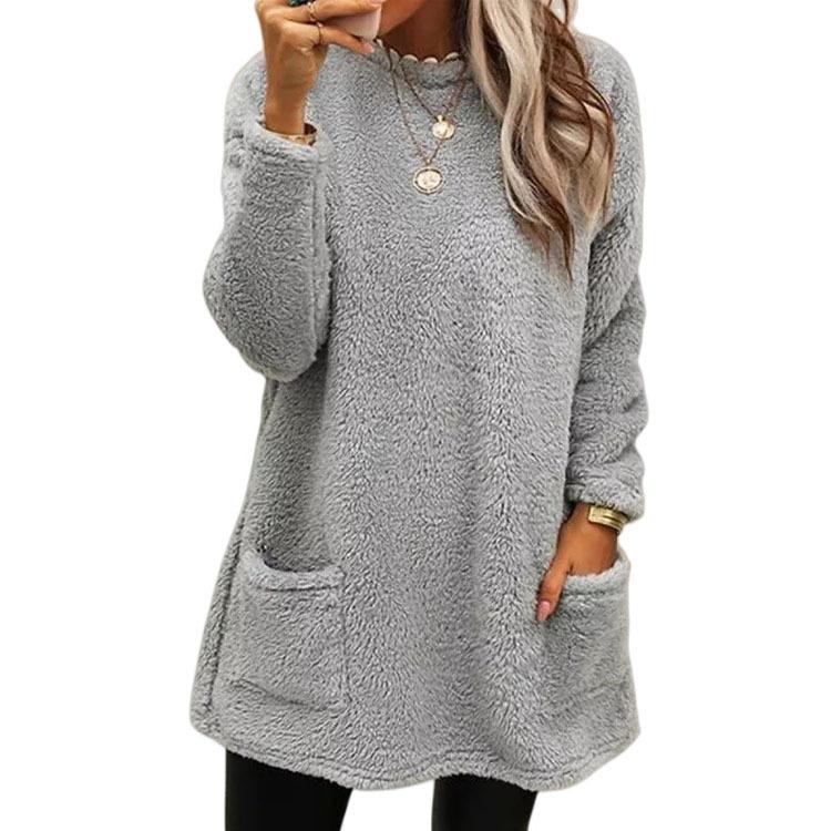 Women's Fashion Casual Long Sleeve Pocketed Round Neck Casual Warm Long Sleeve T-Shirt