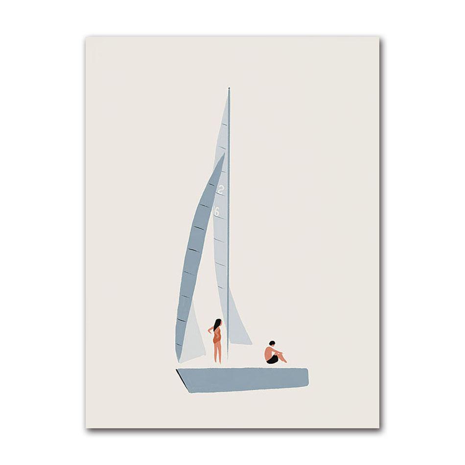 Minimalist Beach Ocean Floral Wall Art, Sailboat Canvas Painting, Pool Posters & Prints, Pictures for Living Room Decor