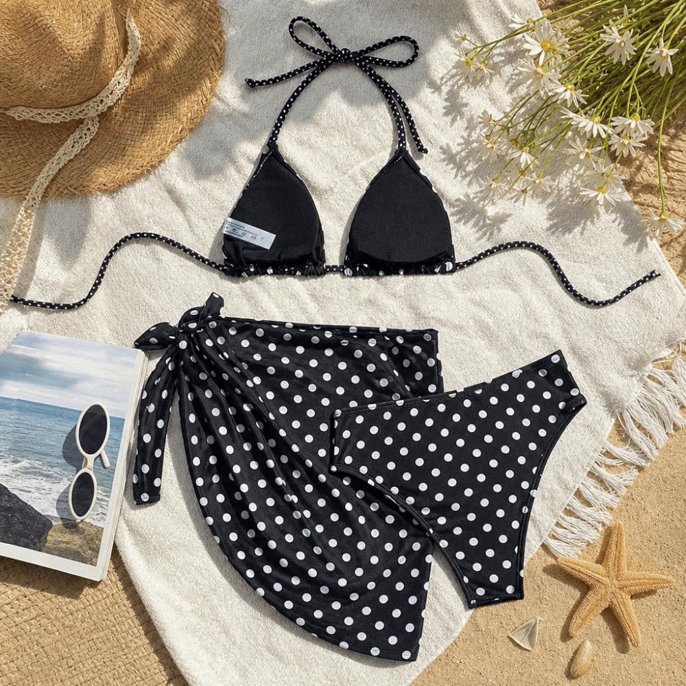 3pcs Halter 3-Piece Swimwear Dot Print Bikinis Set Beachwear Clothing Bathing Suits Summer Season