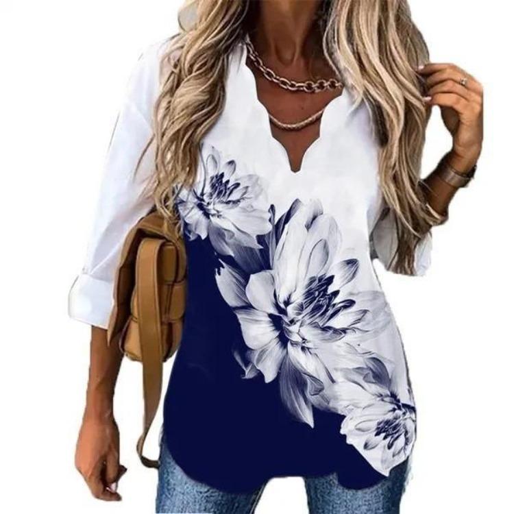 European American Women Summer Long Sleeve Printed Shirt with Wave Collar