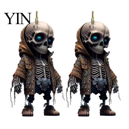 Lightweight Acrylic Car Decor 2Pcs Hoodie Skeleton Ornaments, 2D Flat Pendants, Gothic Backpack Pendant And Keychain Charm Style Hanging Ornaments for