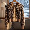 Женский осенний винтажный леопардовый жаккардовый вязаный кардиган, одежда, свободный, матросский воротник, толстые теплые свитера