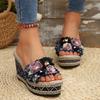 Модные богемные сандалии на танкетке с тканевым ремешком с цветочным принтом для женщин, летние шлепанцы с круглым носком на очень высоком каблуке, повседневные шлепанцы на пеньковой подошве для пляжа