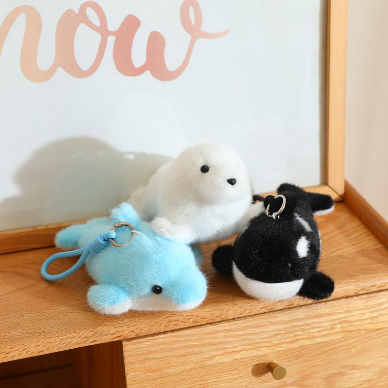 10/18cm Marine Animal Plush Pendant Stuffed Purple Dolphin Killer Whale Shark Seal Keyring with Loop Small Plushie for Bag Gift