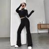 Stand Collar Navel T-shirt and Trumpet pants 2024 Spring New Knitted Long-sleeved Suit Loose Trousers Two-piece Set