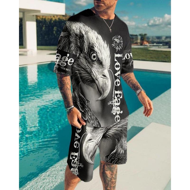 Новый мужской комплект одежды, летний наряд, футболка с 3D-принтом, шорты, 2 предмета, свободный спортивный костюм, повседневный спортивный костюм Love Eagle