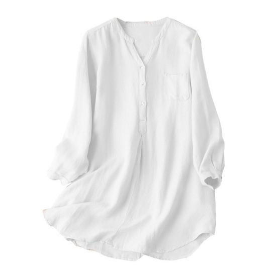 Женская рубашка с V-образным вырезом, пуговицами, полузастежкой, длинным рукавом, свободный крой, повседневная рубашка, однотонная рубашка средней длины