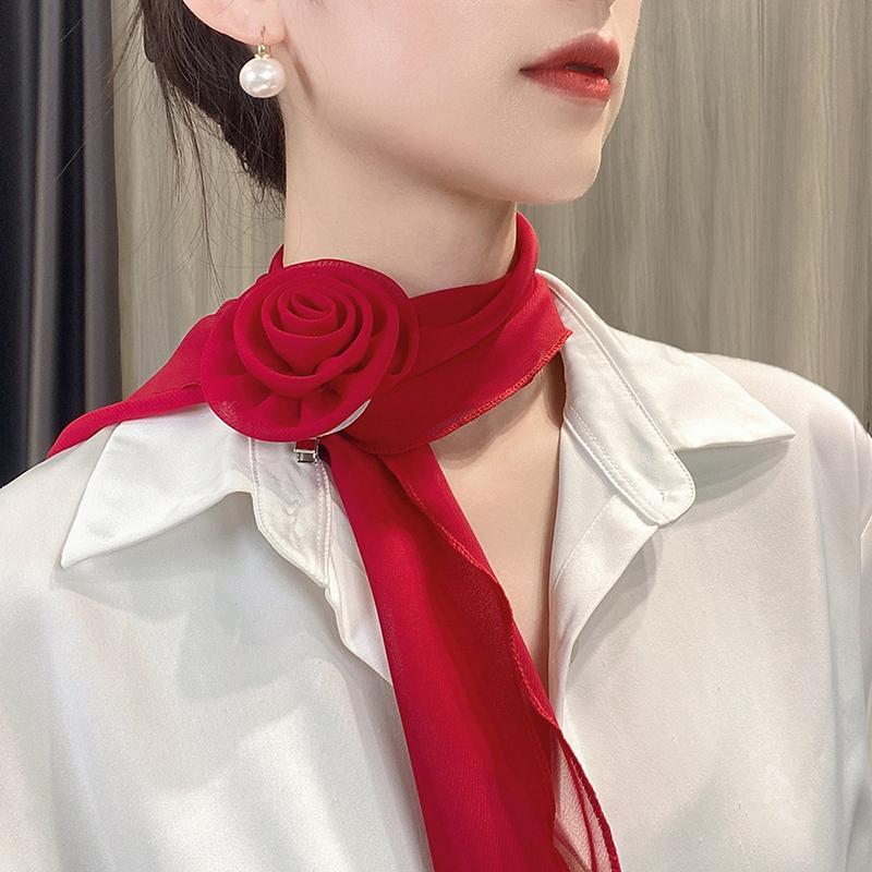 Rose Flower Silk Scarf Versatile Soft Neckerchief For Women Girls Temperament Long Ribbon Tie Scarf Office Clothes Gifts