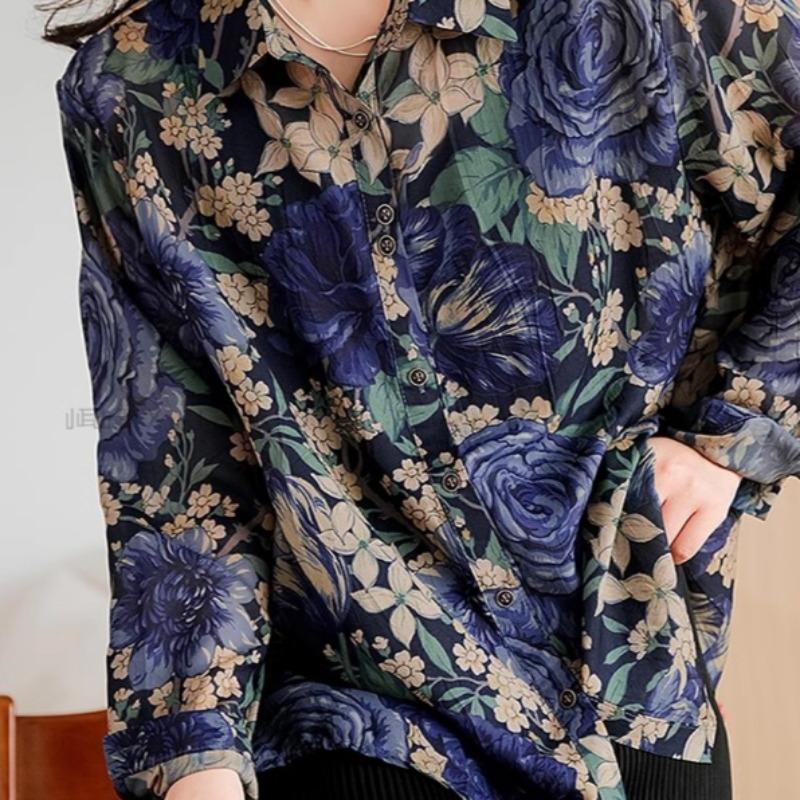 DIMANAF Плюс Размер Весна Шифон Рубашка Длинный Рукав Женская Блузка Модные Цветочные Топы Свободные 2025 Новинка