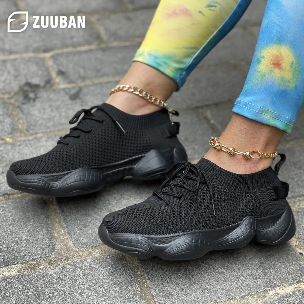 Женская спортивная обувь с нескользящей эластичной сетчатой подошвой для бега, дышащая износостойкая обувь для альпинизма и тенниса 2024 года, черная танкетка