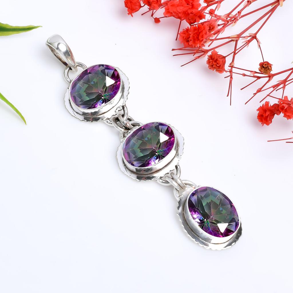 Радужный Мистический Топаз Оправа из Серебра 925 Подвеска V4011, Радужная Подвеска, Овальная Подвеска, Подарок на День Святого Валентина, Подарок для Неё, Подарок на День Рождения, Ручная работа