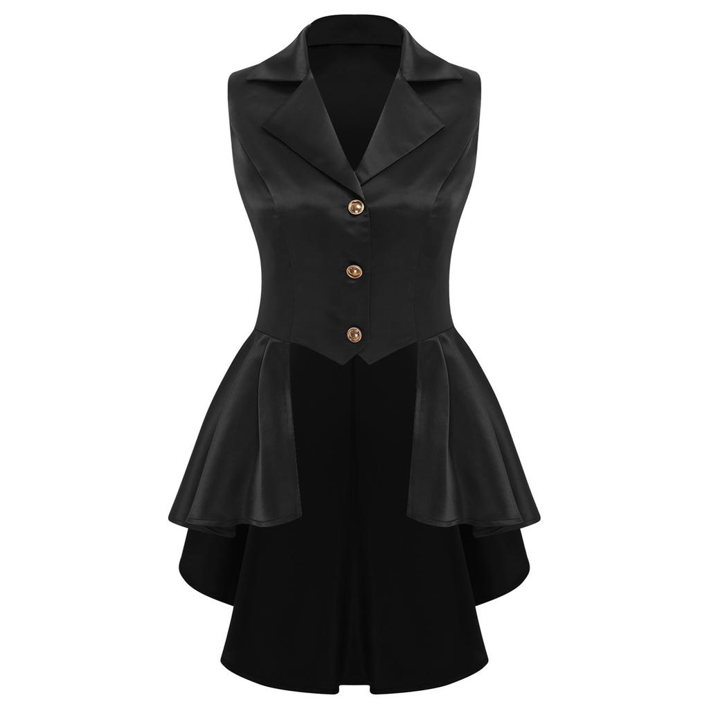 Женский жилет в викторианском стиле с отложным воротником, без рукавов, на пуговицах спереди, с асимметричным низом с оборками, куртка-топ