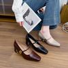French High Heels Thick Heels Are Not Tired of Feet with Mary Jane Shoes Spring and Autumn Burgundy Square Head Splicing Light Mouth Single Shoes