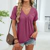 Женская модная однотонная футболка с V-образным вырезом, плиссировкой, свободного кроя, с короткими рукавами