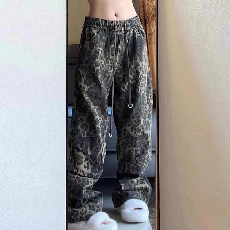 Винтажные джинсы с широкими штанинами с леопардовым принтом для женщин, модные новые прямые повседневные джинсы в стиле хип-хоп для женщин с высокой талией, элегантные джинсы 25107