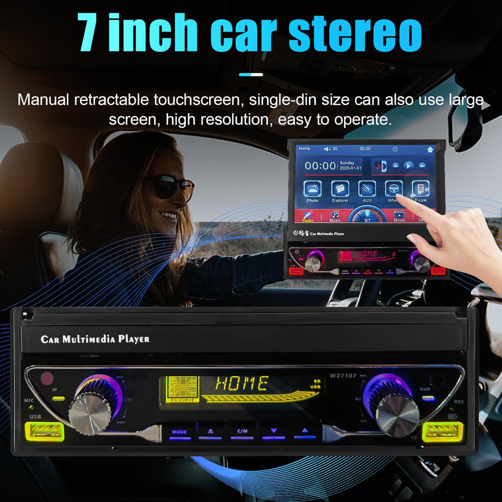 7-дюймовая автомобильная стереосистема с одним DIN и телескопическим сенсорным экраном, FM-радио, поддержка BT MP5-плеера
