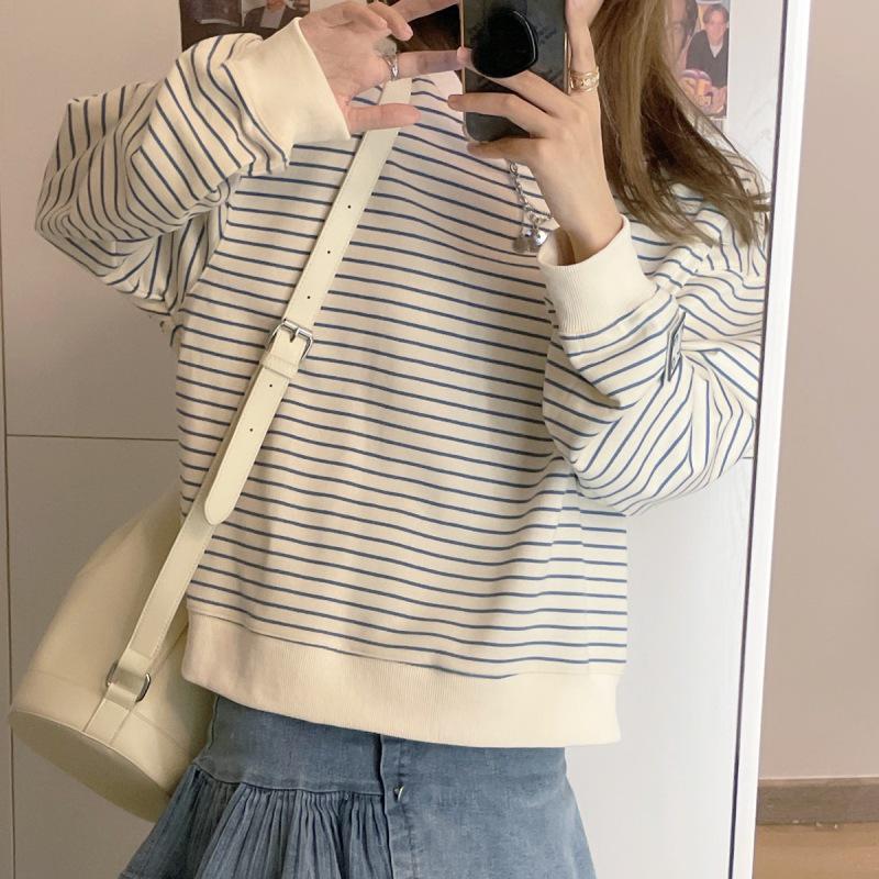 Women's Striped Crew Neck Pullover – Autumn 2025 Korean Style Long Sleeve Top