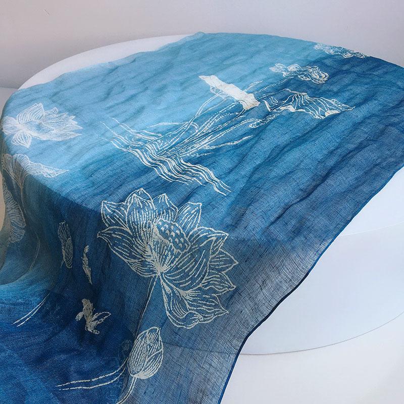 Printing Gradual Change Color Linen Batik Scarf Blue Versatile Ethnic Style Retro Silk Scarf Thin Light Breathable Yarn
