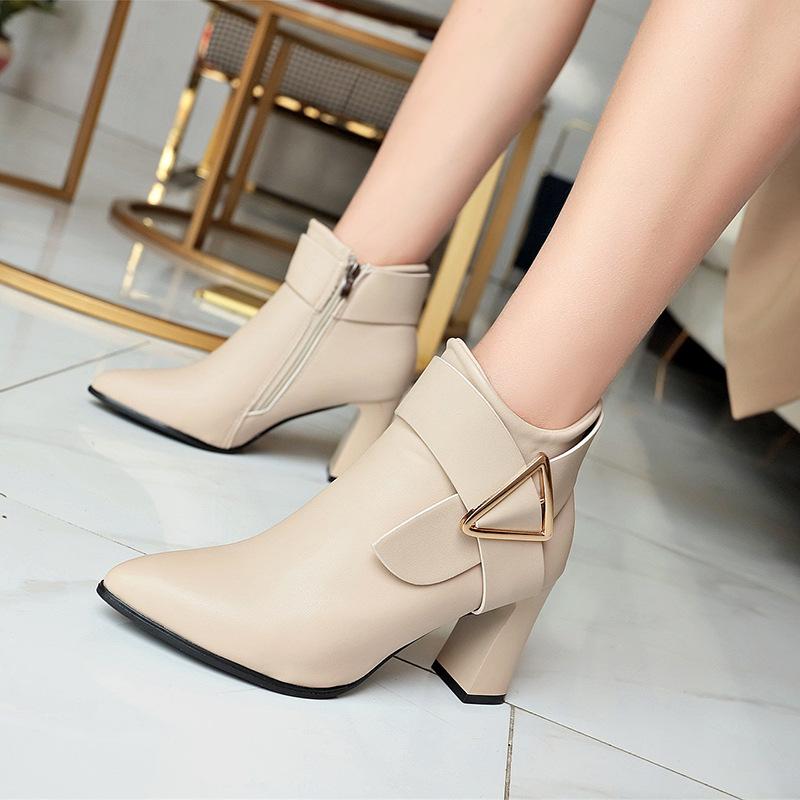 Ankle Boots for Women Spring Autumn Pointed Toe Thick High Heeled Female Short Boots Casual Belt Buckle Back Zipper Botas Mujer