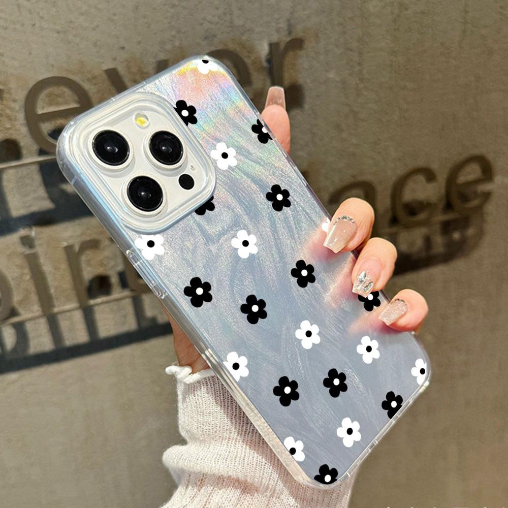 Летний новый черно-белый цветочный чехол для мобильного телефона iPhone16 Apple 15/14Pro нишевый противоударный жесткий ПК-чехол продвинутый