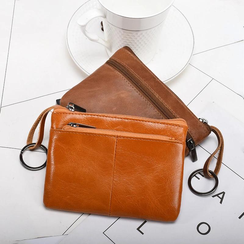 Genuine Leather Coin Purses for Men and Women Vintage Keychain Wallet with Card Holder Solid Color Small Zipper Clutch Purse