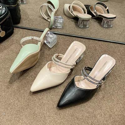 Толстый каблук высокий каблук острый носок сумка голова полушлепанцы женские лето новая мода зарубежный стиль примерочная темперамент крутые шлепанцы