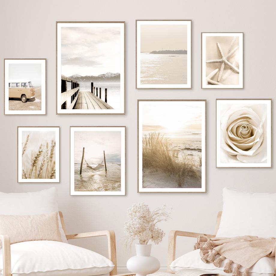 Бежевый Пейзаж Плакат Пляж Пшеница Тростник Трава Цветок Волны Причал Настенная Художественная печать Путешествия Ван Холст Картина Декор в гостиную