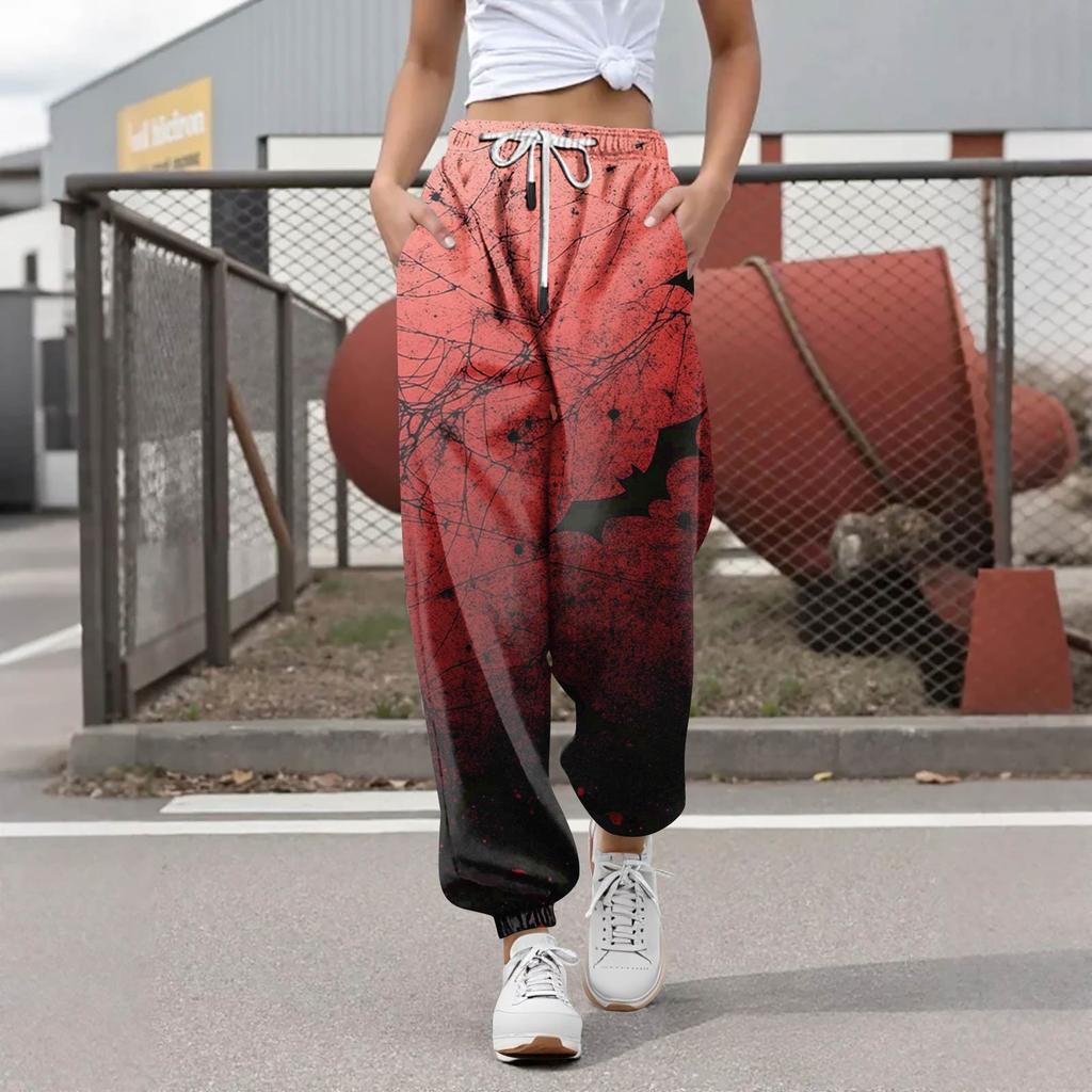 Женские повседневные модные брюки для отдыха с принтом на Хэллоуин, спортивные штаны, брюки с эластичной резинкой на талии, брюки со шнурком
