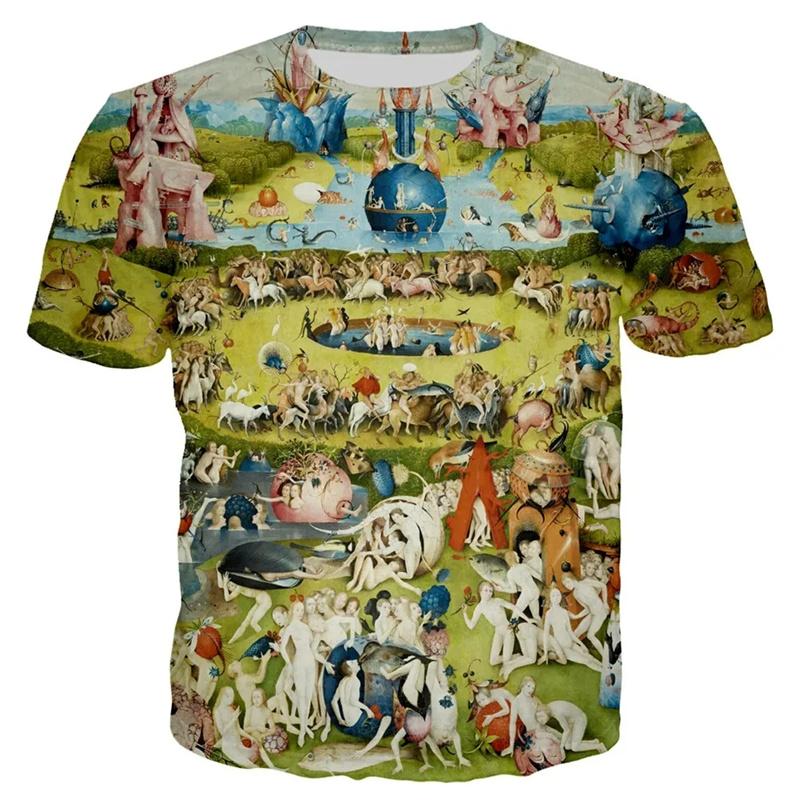 3D Printed New World Happy Garden T Shirt Men Oil Painting Graphic T-Shirts Fashion Short Sleeve Tops Oversized Round Neck Tees