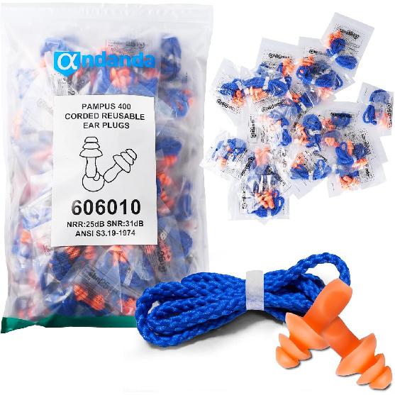 ANDANDA Силиконовые беруши - 100 пар, Беруши с шнурком для шумоподавления при стрельбе, Многоразовые для снижения шума, 25 дБ NRR