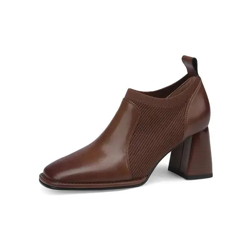 New Women Retro Naked Boots,Stretch Knitted Autumn Shoes,Slip on,Square High Heels Ankle Botas,Black,Brown.Dropship