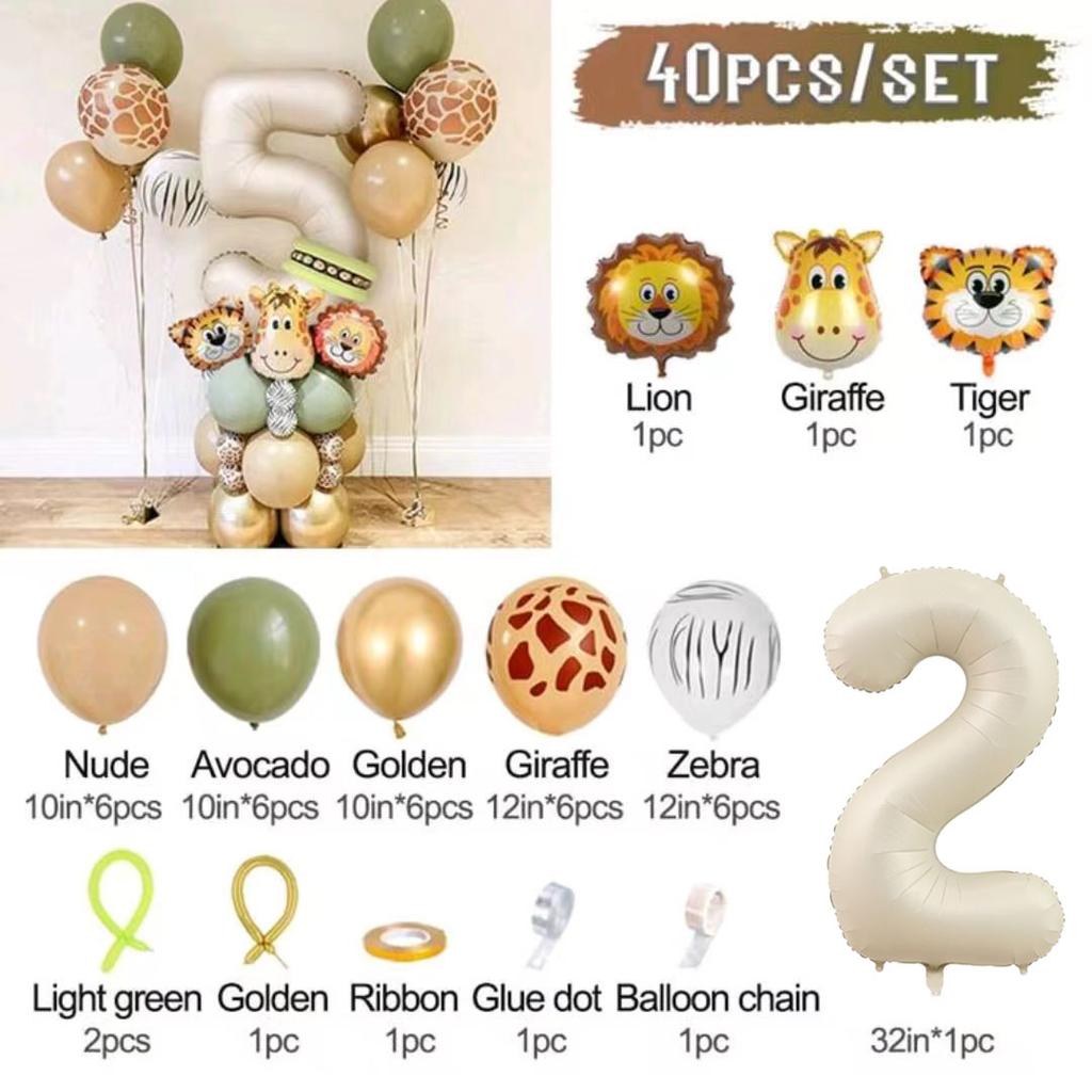 40pcs Jungle Retro Animal Balloon Set Lion Giraffe Balloon 1-9 Birthday Decoration Anniversary Jungle Theme Party Decoration