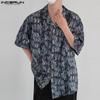 INCERUN Летние свободные мужские рубашки с воротником-лацканом и коротким рукавом с принтом