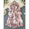 Lightly Mature Long Sleeve Bowknot Lace-up Waist-Controlled Slimming A- Line Printed Big Swing Chiffon Dress Elegance Long Skirt