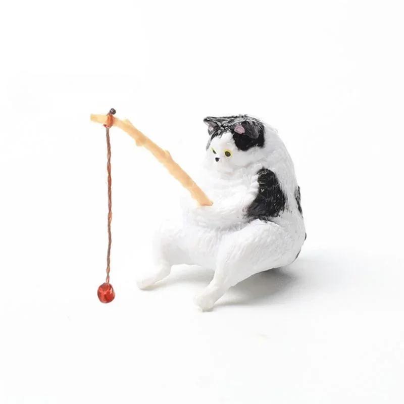 Украшения Кошка-рыболов Декорация для аквариума Ландшафтный дизайн с рыбами Статуэтка мультяшной кошки Миниатюрная смоляная фигурка Домашние украшения Миниатюры