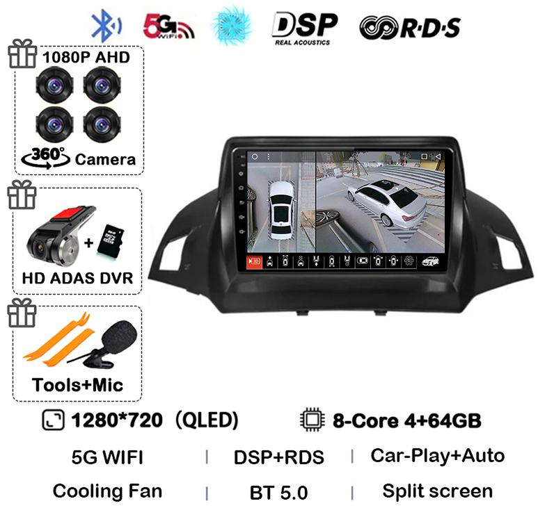 Android 14 Carplay Auto для Ford Kuga Escape 2013 2014 2015 2016 Автомобильный радиоприемник Мультимедиа Видеоплеер GPS Стерео 4G WIFI Головное устройство