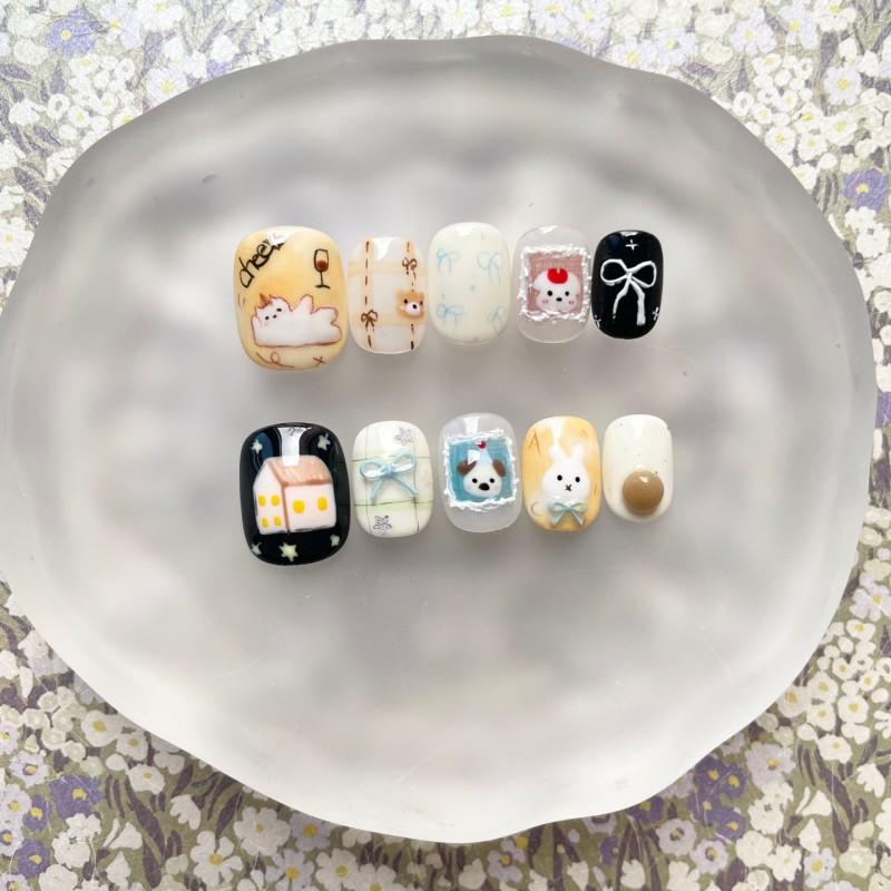 Hand-Painted Press-On Nails Short Square Cat Eye Design Cute Kawaii Style Wearable Nail Tips Women