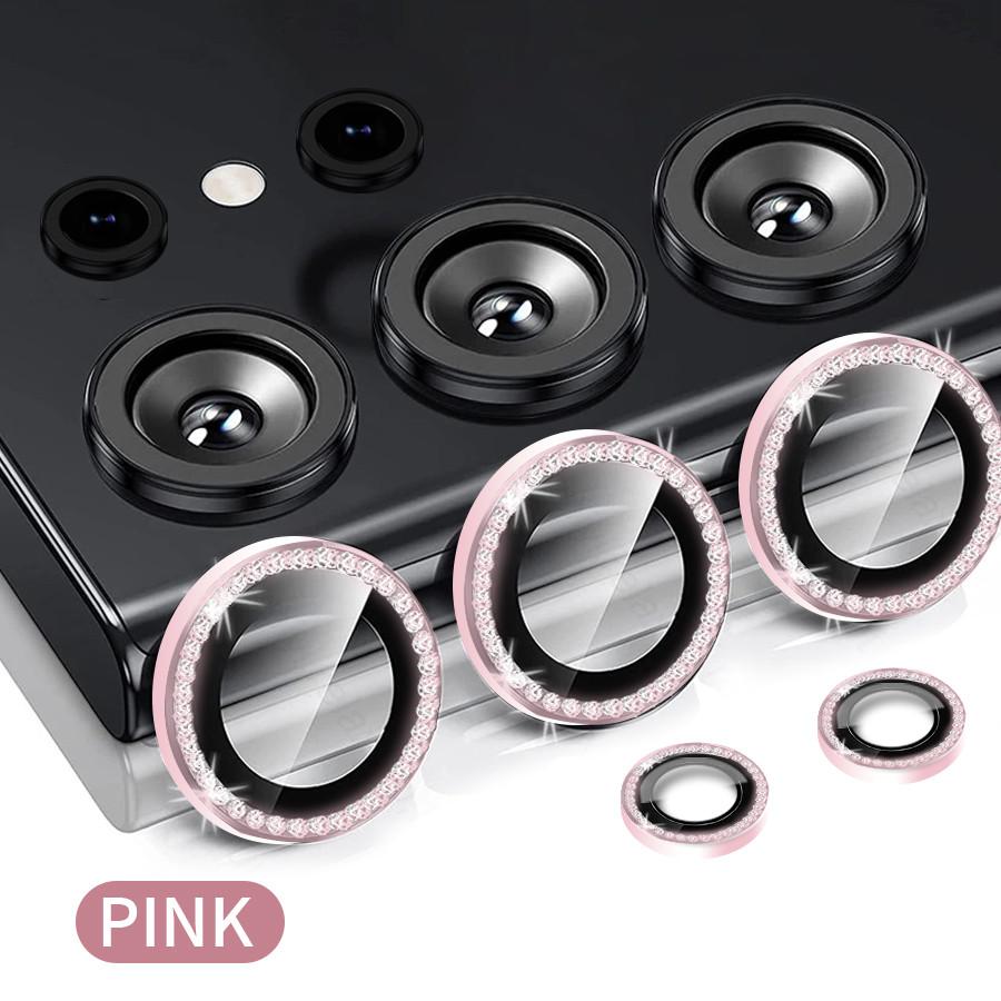 1 Set For Samsung Galaxy S24 S23 Ultra S24 S23 Plus Bling Glitter Diamond Metal Camera Lens Protector Ring with Tempered Glass