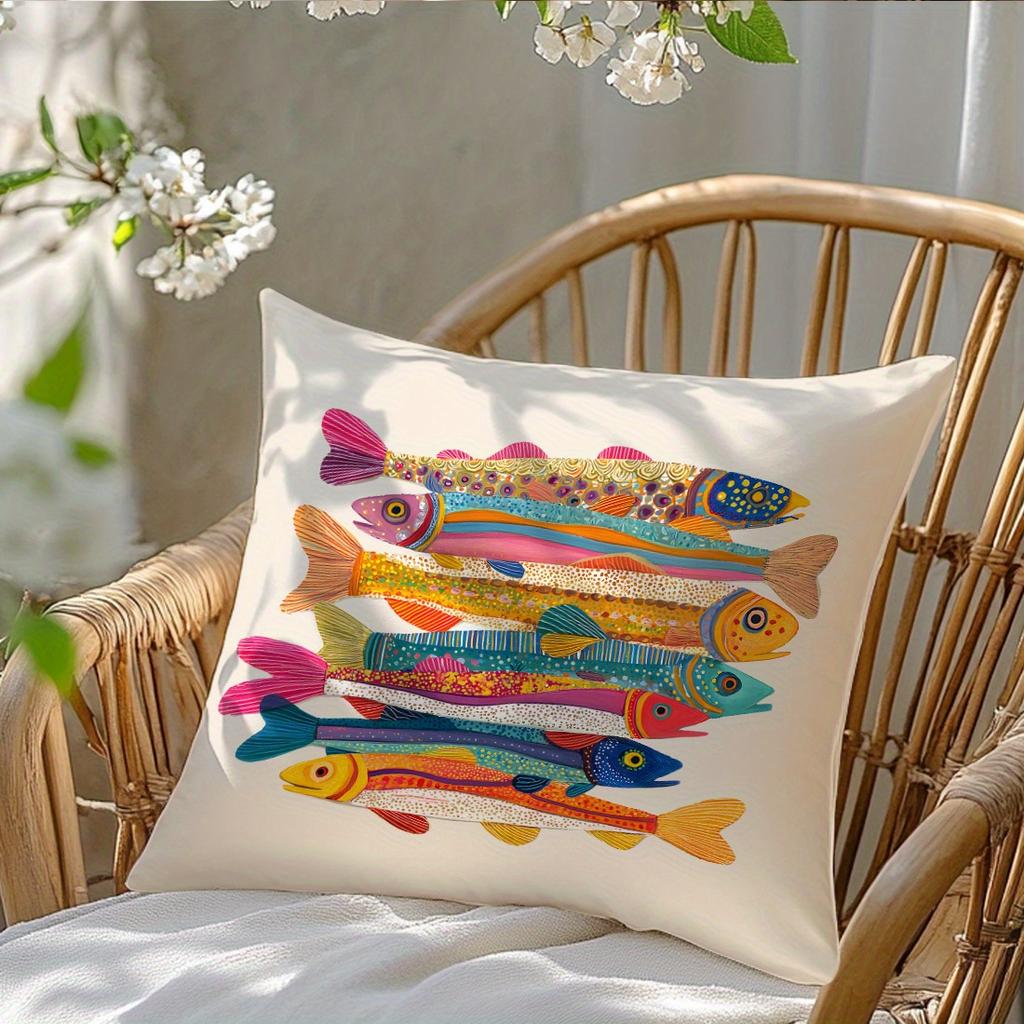 Colorful Rainbow Trout Pillow Cover Vibrant Boho Fish Print Funky Coastal Nautical Cushion Case For Sofa Bed Couch Home Decor