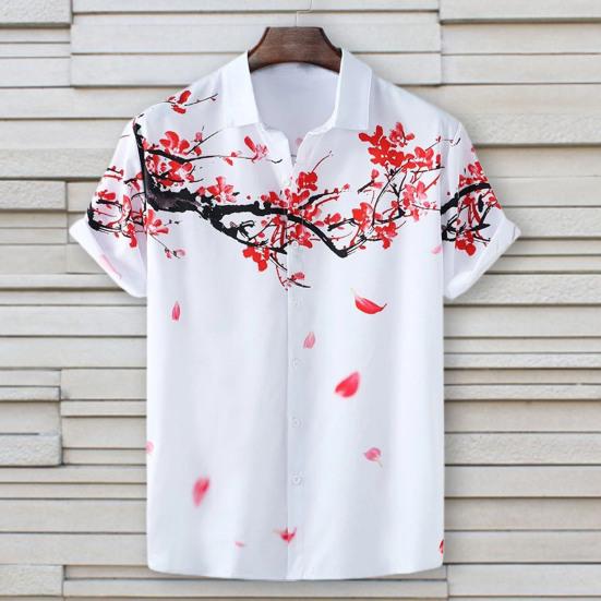 Men Shirt Cardigan Contrast Color Chinese Style Ink and Wash Painting Plum Blossom Summer Top Daily Clothes